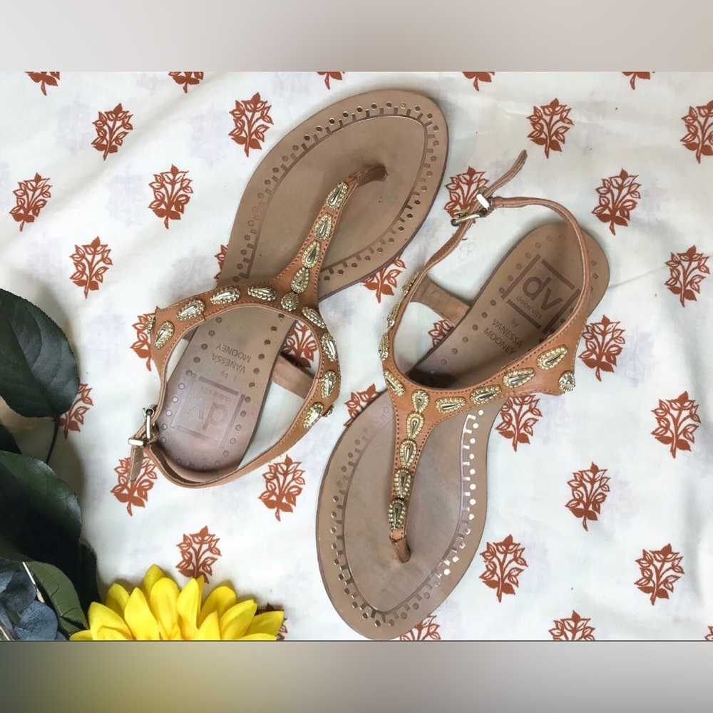 Dolce Vita gold embellished tan leather sandals